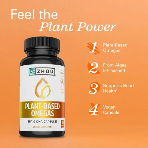 Vista 4 de Zhou Omegas a base de plantas - Suplemento vegano Omega 3 - 30 cápsulas vegetarianas