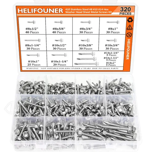 Vista 11 de HELIFOUNER Juego de 240 tornillos autoperforantes de cabeza avellanada #8 x1/2", 5/8", 3/4", 1", 1-1/4", 1-1/2" de cabeza avellanada, tornillos