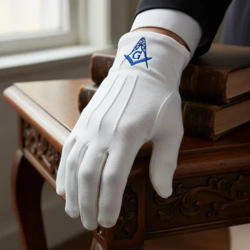 Vista 2 de Blue Square & Compass Masonic Embroidered Cotton Gloves - [White]