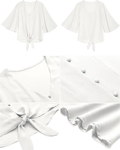 Vista 6 de Luvamia - Blusa informal de manga 34 con nudo y cuello en V para mujer, blusas unicolor con botones
