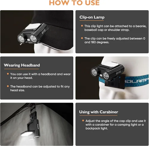Vista 6 de Luz LED con clip para sombrero de 400 lúmenes, recargable con sensor de movimiento, 180° ajustable, manos libres, linterna frontal para camping