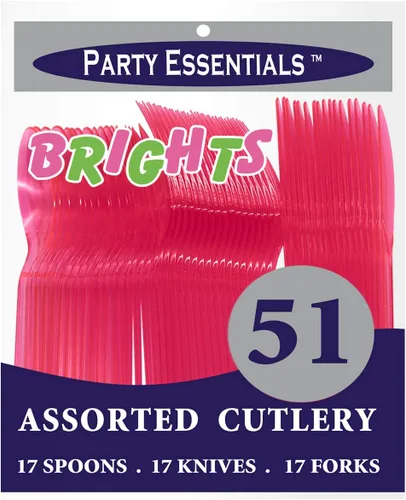 Vista 3 de Party Essentials - Juego de cubiertos de plástico duro, 51 piezas/17 lugares, rosa neón (N245129)
