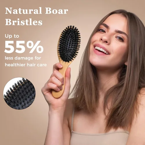 Vista 2 de BLACK EGG Cepillo de cerdas de jabalí para mujeres, hombres y niños, cerdas naturales suaves para cabello delgado y fino, restaura brillo y textura