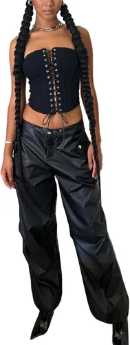 Vista 3 de WOBONIU Pantalones cargo de piel sintética para mujer, cintura baja, color sólido, holgados con bolsillos, ropa urbana Y2k