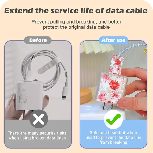 Vista 4 de Lindo protector de cable para cargador adaptador de iPhone, diseño de flores de crisantemo rojo, cable de datos de TPU suave, funda USB-C