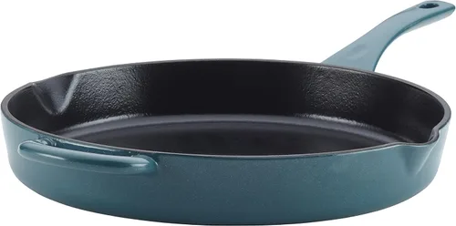 Vista 12 de Ayesha Curry Kitchenware - Sartén de hierro fundido esmaltado con mango auxiliar y boquillas de vertido, 12 pulgadas, color azul ancla
