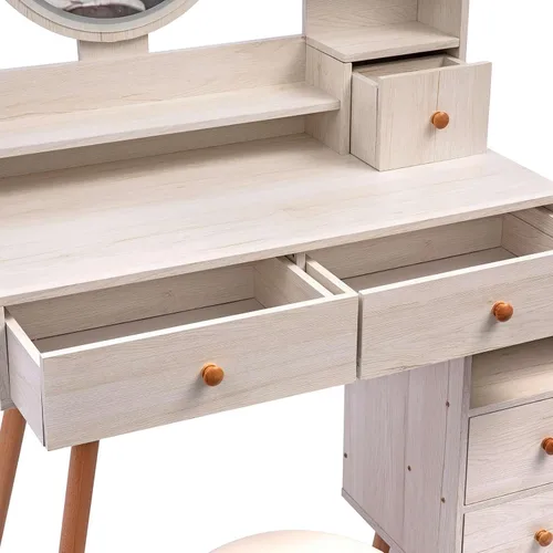 Vista 8 de Juego de mesa de tocador y taburete, escritorio de tocador con espejo LED de control táctil, longitud ajustable, juego de tocador para dormitorio