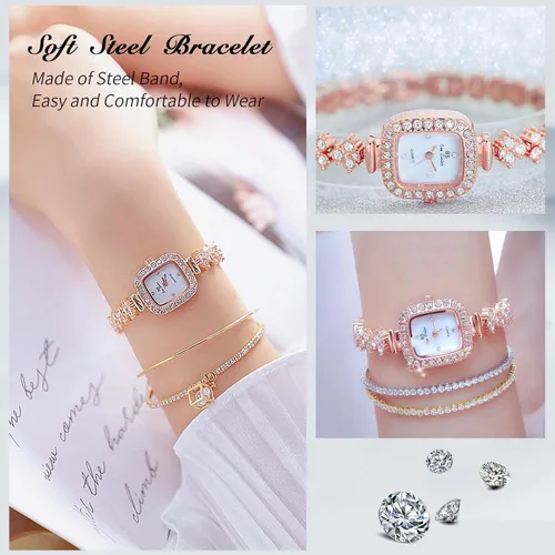 Vista 3 de RORIOS Reloj analógico de cuarzo para mujer con correa de diamantes de imitación, relojes de pulsera impermeables para mujeres y niñas