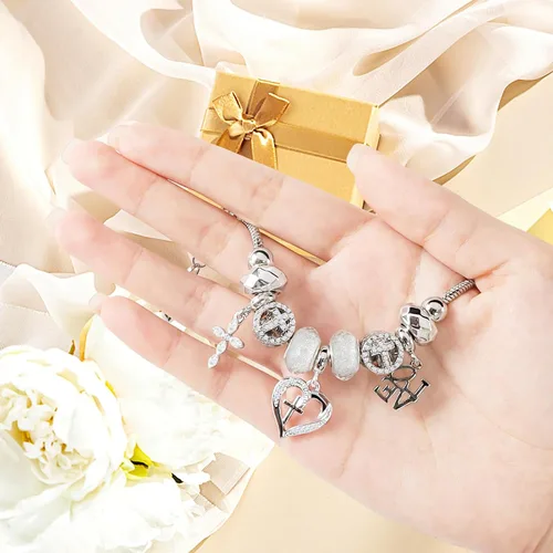 Vista 5 de Pulsera de dije para mujer, con cuentas de cristal y forma de corazón, plata de circonita cúbica, cadena de serpiente, pulsera de moda, joyería
