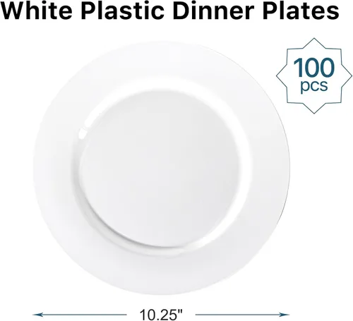Vista 2 de N9R 100 platos de plástico blanco, platos desechables de plástico resistente de 10.25 pulgadas, platos llanos elegantes de primera calidad