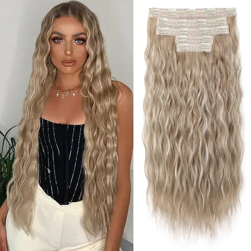 Vista 9 de REECHO Extensiones de cabello con clip, 5 piezas, de 24 pulgadas, de color rubio ceniza, extensiones de cabello con ondas largas y sueltas, HE002