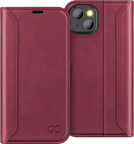 Vista 22 de OCASE Funda tipo cartera compatible con iPhone 13, de piel sintética con tapa tipo folio, con tarjetero, bloqueo RFID, soporte