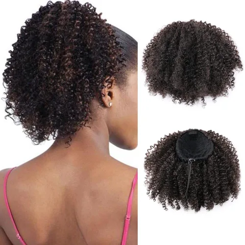 Vista 9 de Extensión de cabello sintético con cordón para coleta afro rizado para mujeres negras, onda corta (#1B, negro naturaleza)