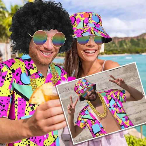 Vista 6 de Janmercy Juego de 5 piezas de disfraz hawaiano de los años 80 y 90 para hombre, camisa neón de los años 90, camisas de playa, trajes para verano