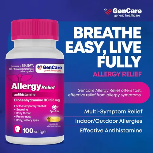 Vista 2 de GenCare Medicina para aliviar la alergia – 100 cápsulas blandas – Difenhidramina 25 mg – Antihistamínicos para adultos para congestión, estornudos