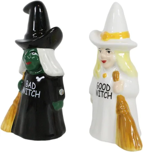 Vista 4 de Ebros Gift Fuerzas del bien y del mal Elphaba VS Glinda Brujas que llevan escobas con salero y pimentero, juego de figuras de cerámica con tapones