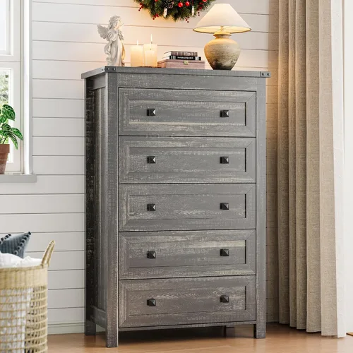 Vista 11 de Xixini - Cómoda para dormitorio con 5 cajones, cómoda alta de madera, organizador moderno de ropa estilo granja, gabinete de almacenamiento con asas