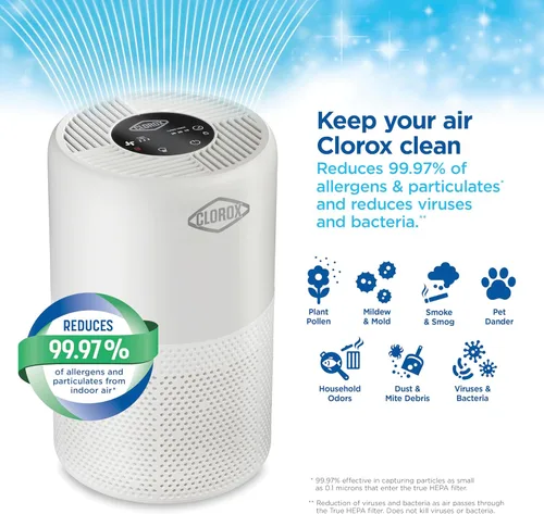 Vista 2 de Clorox Turbo purificadores de aire para el hogar, filtro HEPA verdadero, limpia rápidamente habitaciones medianas de hasta 1,000 pies cuadrados