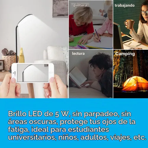 Vista 4 de DEEPLITE Lámpara de escritorio LED con cuello de cisne flexible de 3 niveles de brillo, lámpara de mesa a pilas de control táctil de 5 W, lámpara