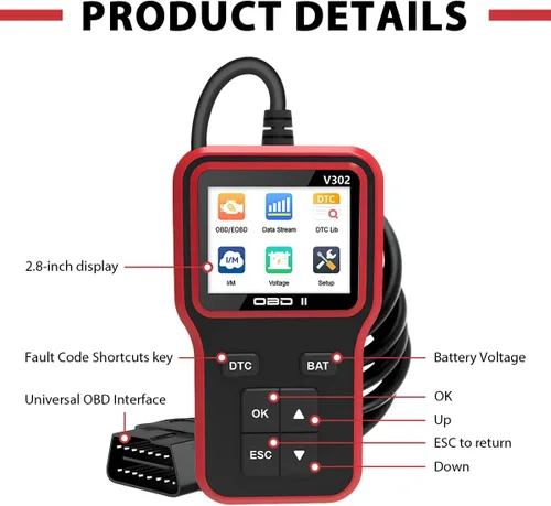 Vista 4 de Escáner OBD2 con probador de batería, herramienta de diagnóstico de automóvil para verificar la luz del motor y limpiar códigos de error, lector