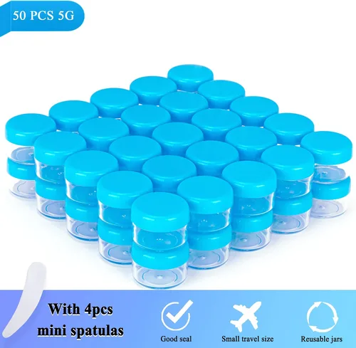 Vista 5 de 50 unidades de 5 gramos de envases de muestra, tarros vacíos de 5 ml con tapas, pequeños envases cosméticos, tarros de muestra mini con 4 cucharas
