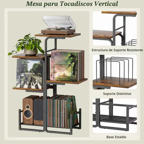 Vista 7 de Bikoney - Soporte para tocadiscos inspirado en jardineras con gran almacenamiento de vinilo, mesa de tocadiscos vintage con estante para LP