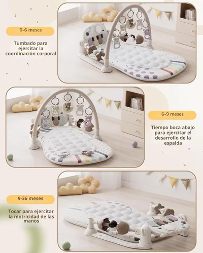 Vista 5 de Stactcute Tapete de juego para bebé, juguetes para bebés, gimnasio y tiempo boca abajo, tapete de actividad con piano con 5 juguetes sensoriales