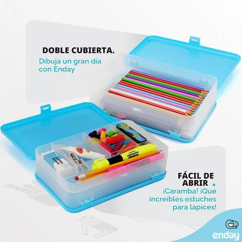 Vista 7 de Enday Caja de lápices azul, caja de plástico de gran capacidad con 12 compartimentos, caja de lápices de plástico con tapa hermética, estuche rígido
