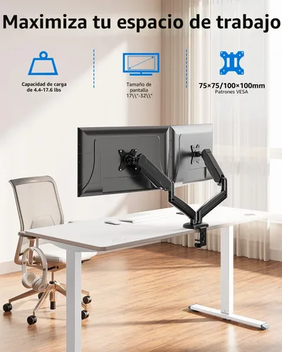 Vista 2 de MOUNTUP Soporte de monitor doble para escritorio, brazos de monitor para 2 monitores de 32, 27, 24, 22 pulgadas, soporte de monitor doble ajustable