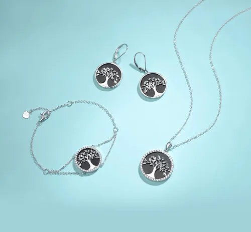 Vista 4 de AGVANA Regalos para el día de la madre, collar de árbol de la vida, aretes para mujer, plata de ley, ónix negro, circonita cúbica, joyería de árbol