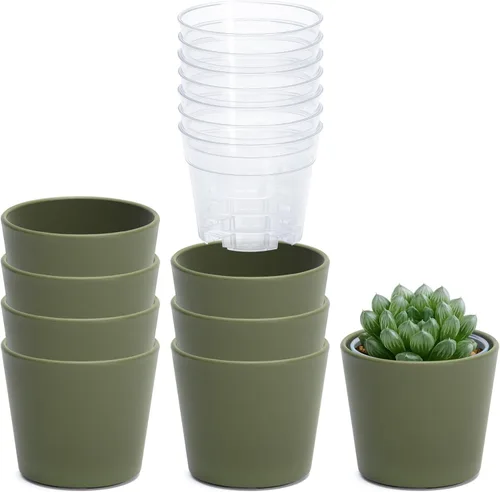 Vista 30 de Phoenix Vine Macetero de plástico verde oliva de 4.5 pulgadas con maceta transparente, cubierta decorativa ligera con maceta interior transparente