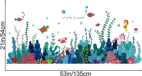 Vista 2 de Calcomanía de pared extraíble 3D bajo el mar con vista al mar, calcomanías murales de algas marinas de coral océano, decoración del hogar