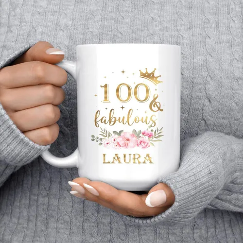 Vista 5 de Taza de cerámica única para regalo de cumpleaños número 100 y fabuloso, 100 años, idea de regalo, nombre personalizado, 11 onzas, 15 onzas