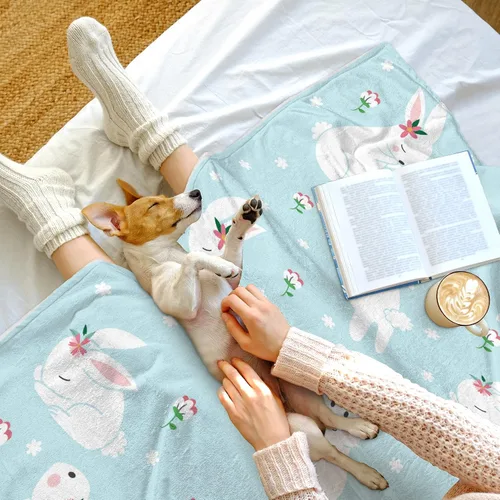 Vista 6 de Manta de Pascua y primavera, manta de felpa acogedora y suave para sofá, cama, sofá, viajes, campamento para adultos/niños, color azul y blanco
