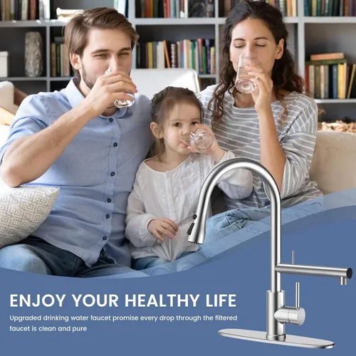 Vista 8 de FEELSO Grifos de cocina, grifo de cocina con filtro de agua mejorado con rociador desplegable, acero inoxidable níquel cepillado arco alto grifo