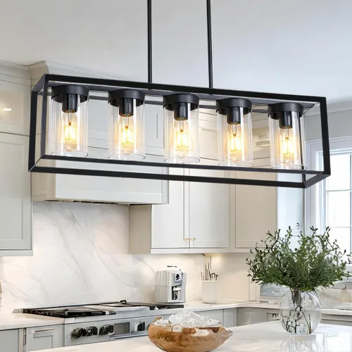 Vista 12 de Paquete de 1 lámpara colgante de isla de cocina negra de granja, altura ajustable, barra de metal colgante moderna con jaula de metal, pantalla
