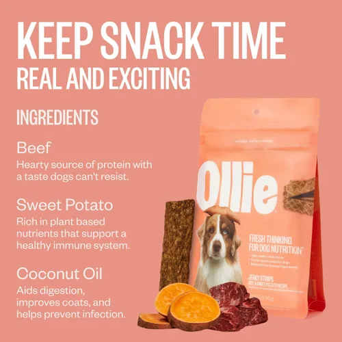 Vista 4 de Ollie Golosinas para Perros de Carne de Res y Batata Dulce Tipo Jerky, Paquete de 5 oz de 1, Completamente Naturales, Bocadillos Saludables, Hechas