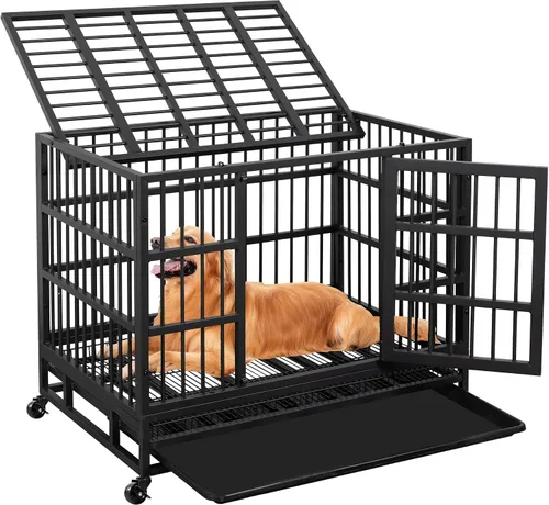 Vista 8 de JY QAQA - Jaula para perros de 48/38 pulgadas, de servicio pesado, resistente e indestructible, doble puerta, a prueba de escape, jaula perrera