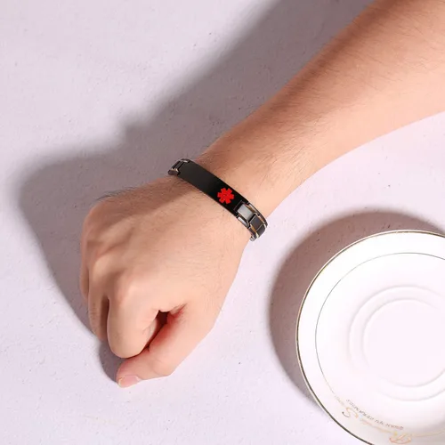 Vista 3 de XUANPAI Pulseras de alerta médica para hombres y mujeres con grabado gratuito ajustable de acero inoxidable para emergencias médicas