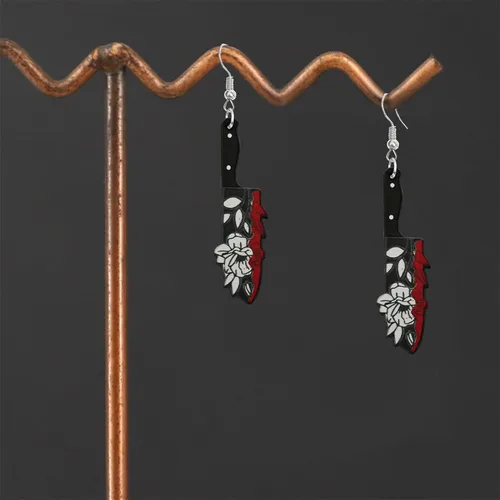 Vista 3 de Aretes góticos exagerados de hip hop para mujer, joyería negra larga, cuchillo colgante, aretes colgantes de imitación, acrílico, punk, cocina