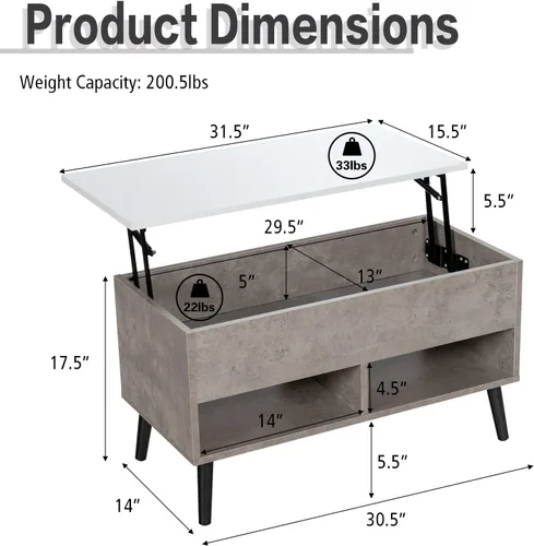 Vista 3 de Tangkula Mesa de centro elevable, mesa de comedor de madera con almacenamiento oculto y 2 estantes abiertos, dispositivo de elevación hidráulica