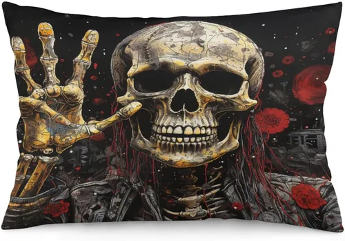 Vista 23 de Funda de almohada divertida de calavera de Halloween de 12 x 20 pulgadas, funda de almohada rústica de Halloween con cremallera oculta, suave