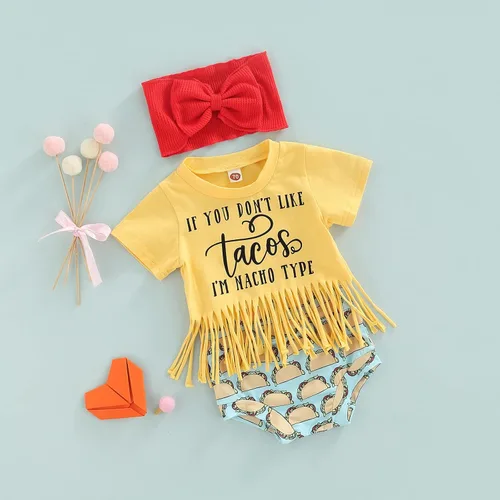 Vista 3 de MABABY - Conjunto pequeño para bebé recién nacido con flecos dobladillo con borlas ropa pequeña conjunto con diadema