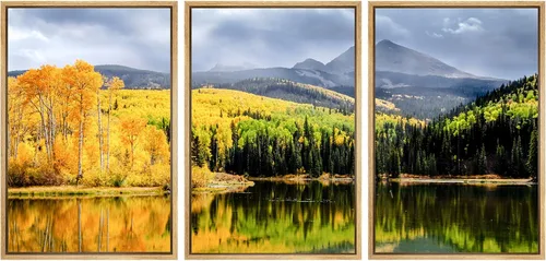 Vista 6 de SIGNWIN Lienzo enmarcado para pared, juego de arte nublado de tormenta, cielo, bosque otoñal, árboles, rústico, naturaleza, fotografía, realismo