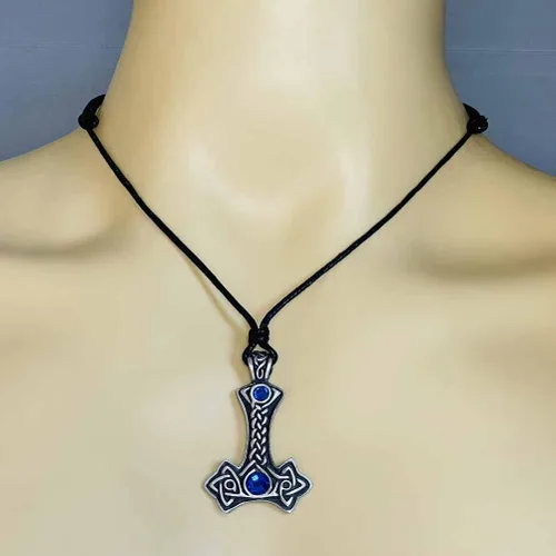 Vista 3 de Joyería vikingo celta nórdico Mjolnir joya azul cristal THORS Mjölnir Thor's Hammer Thor protección amuleto peltre hombre colgante collar riqueza