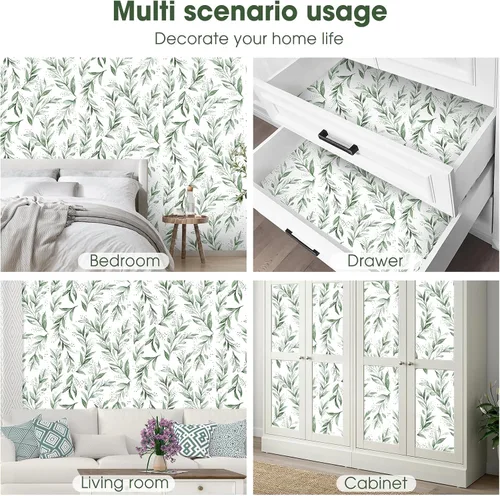 Vista 3 de Beautyhero Papel tapiz autoadhesivo para despegar y pegar de 17.7 x 590.5 pulgadas, papel de contacto floral con hojas de color verde oliva, papel
