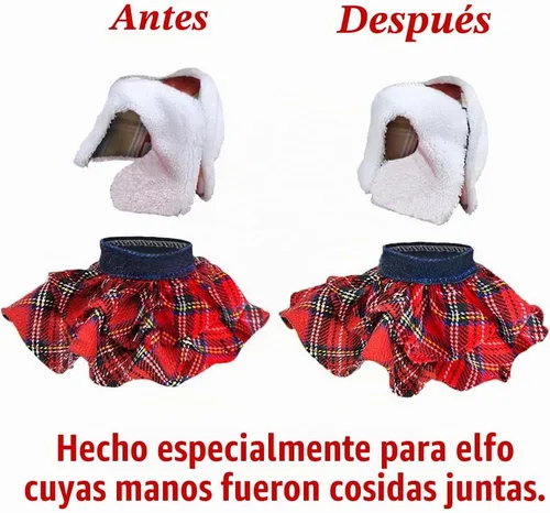 Vista 4 de E-TING Ropa de Papá Noel, chaleco esponjoso, falda a cuadros, accesorios para decoración navideña de muñeca elfo Decoración de Navidad