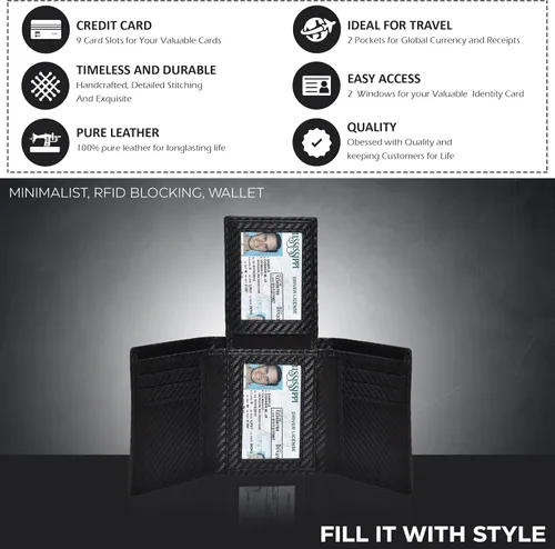 Vista 2 de Real Leather Trifold Wallet for Men - RFID Wallets Slim 9 Credit Card Holder 2 ID Compartment Gift For Men