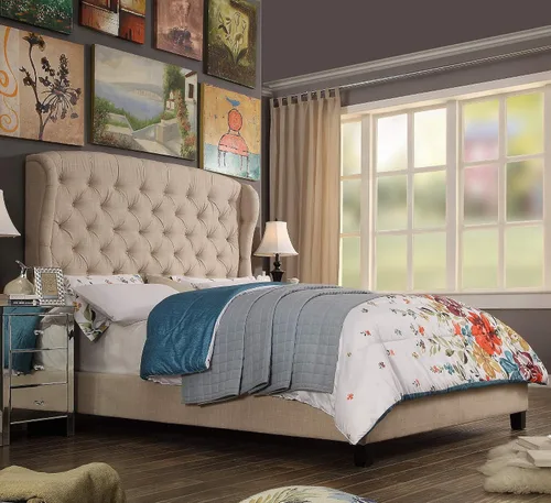 Vista 11 de Rosevera Issac - Cama con cabecera ajustable de diseño distintivo y marco de cama acolchado con botones, tamaño King, beige clásico