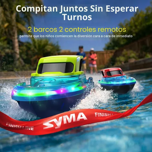 Vista 3 de SYMA Paquete de 2 barcos RC para niños, barcos de control remoto para piscina, luz LED de 7 modos y rociador de agua, hasta 40 minutos en total